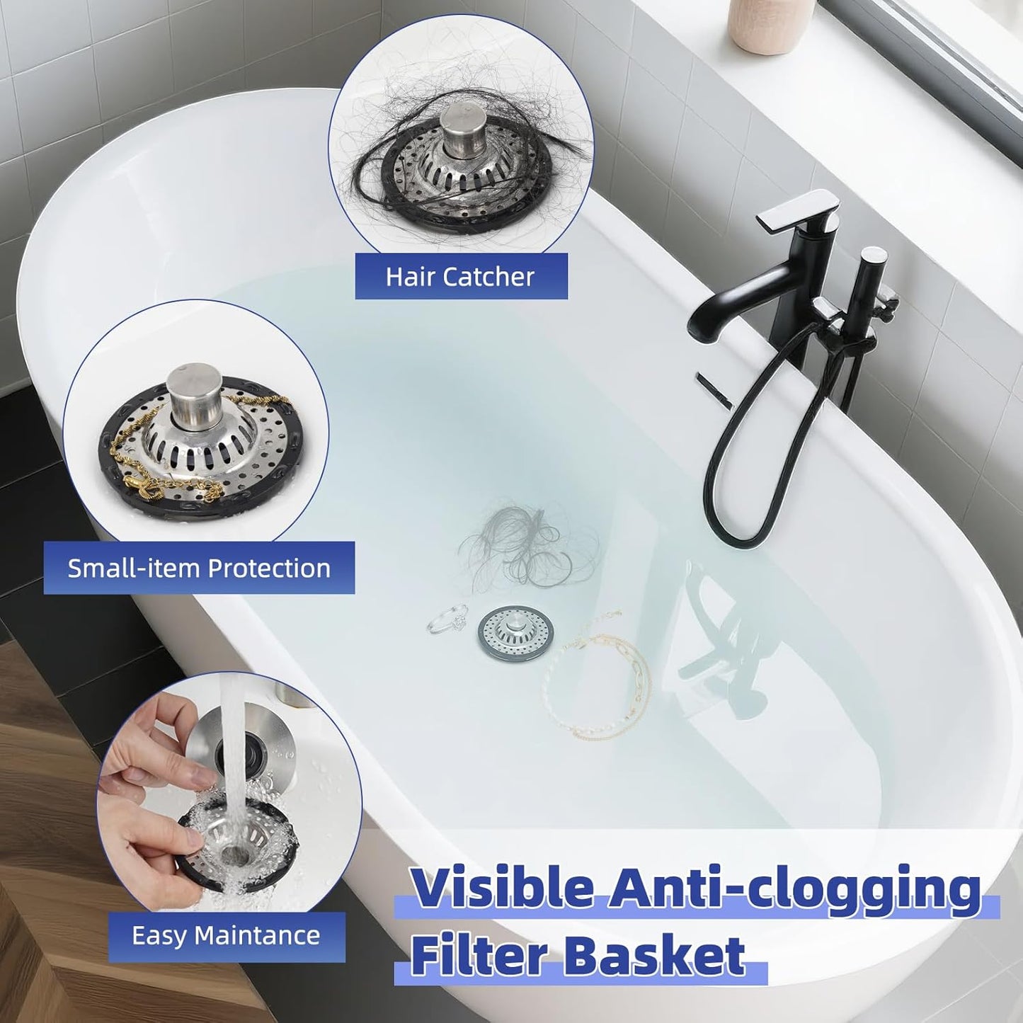 Universal Bathtub Drain Stopper Shower Drain Hair Catcher, Tub Stopper with Visible Top Strainer, Upgraded 3 in 1 Pop-up Drain Plug Fit for 1.5 to 2.4" Hole, Stainless Steel Filter Basket, Chrome