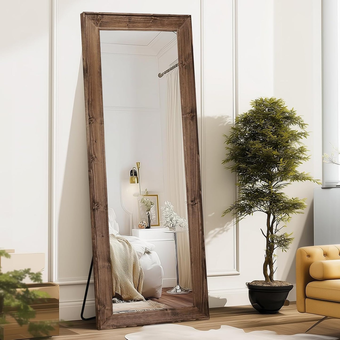 Solid Wood Full Length Mirror - 65"x22" Arched Floor Mirror, Free Standing & Wall Mounted - Elegant Design for Bedroom, Dressing Room, Hallway, Brown