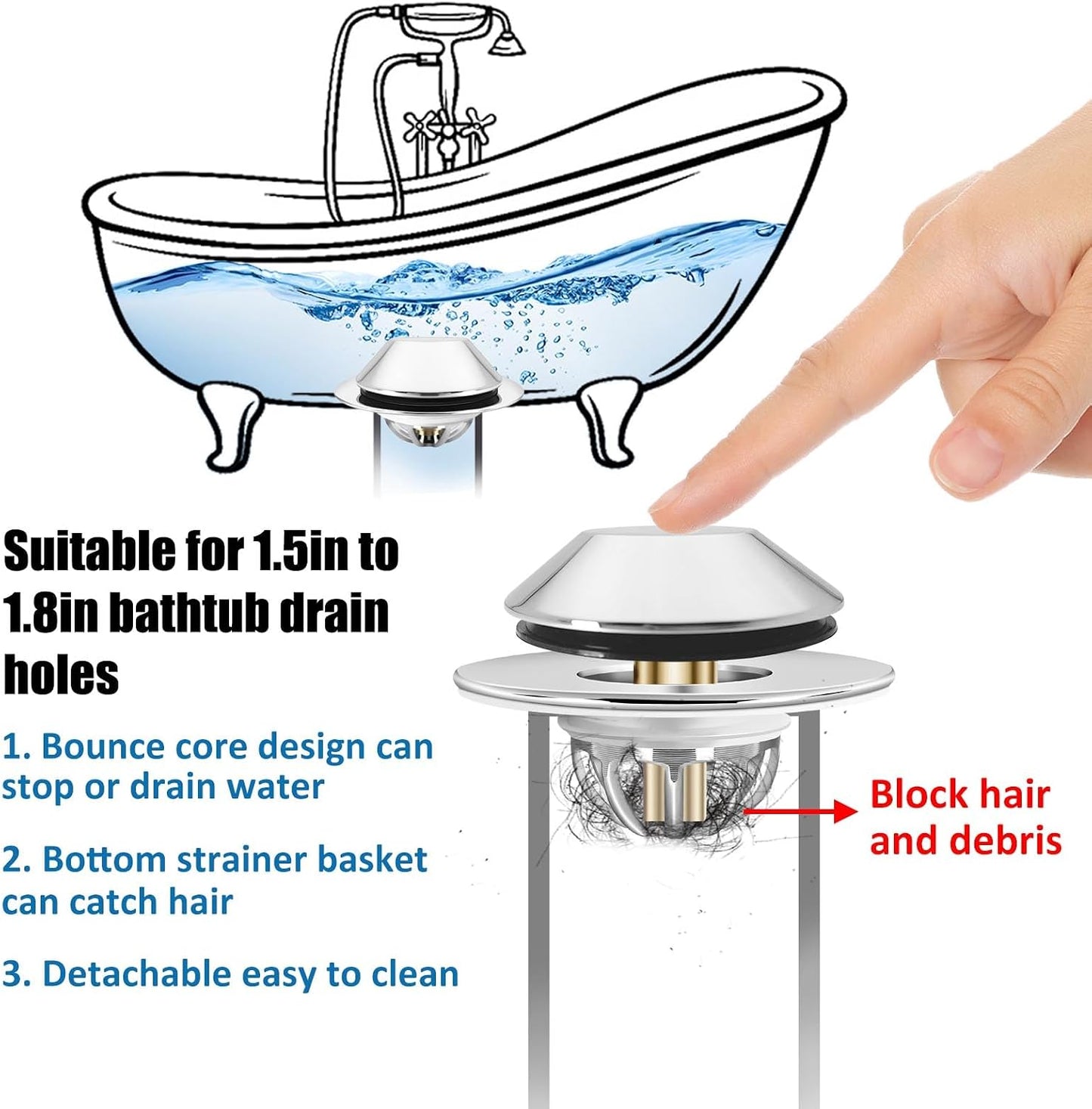 Anlige Bathroom Sink Drain Strainer, 2PCS 3 in 1 Pop Up Bathroom Sink Stopper with Removable Brass Basket Hair Catcher, Universal Sink Plug for 1.06 to 1.6in Drain Hole, Chrome Silver