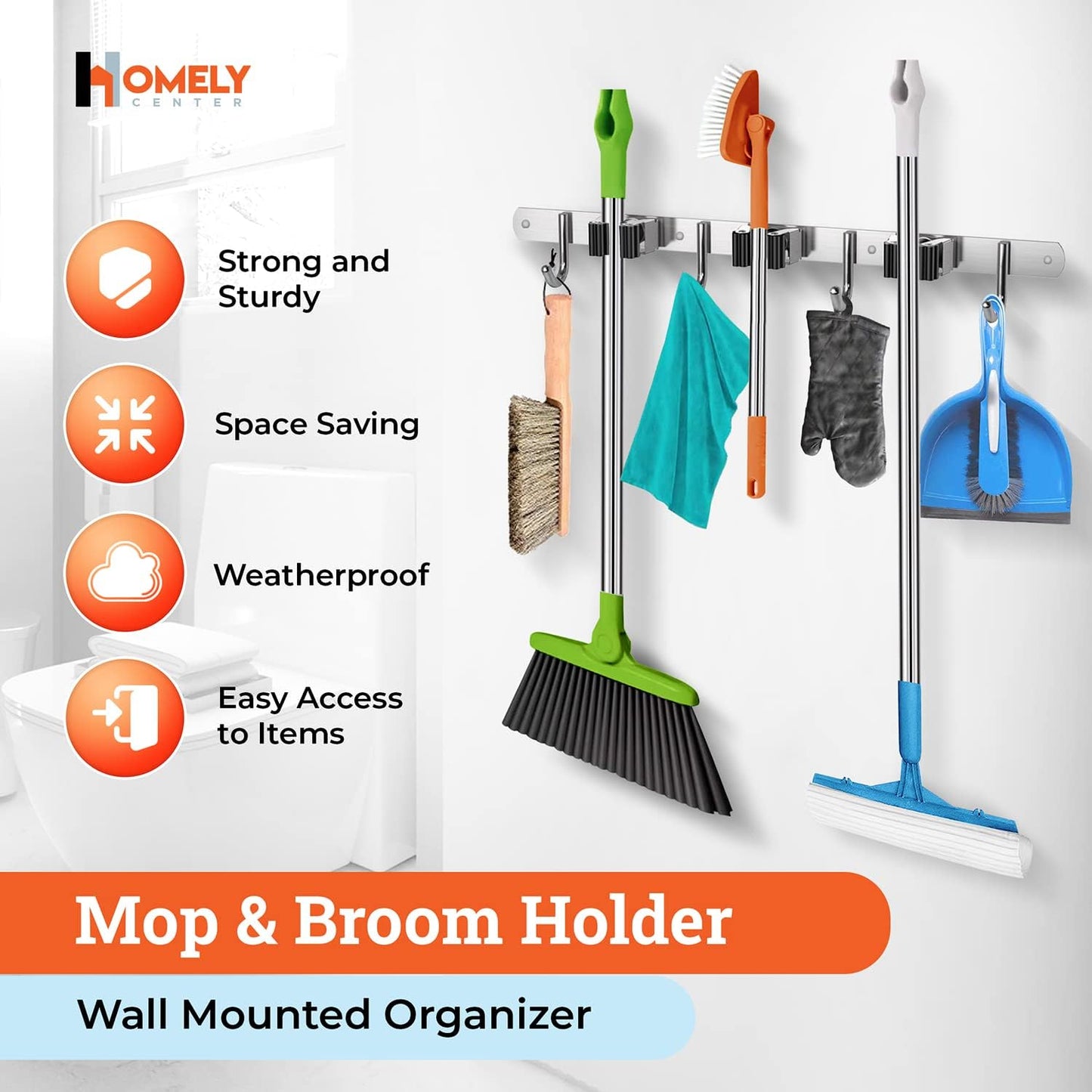 Homely Center Mop and Broom Holder Wall Mount – Heavy-Duty Closet Organizer for Garage, Kitchen, Laundry Organization – Tool Hanger with 3 racks and 4 hooks