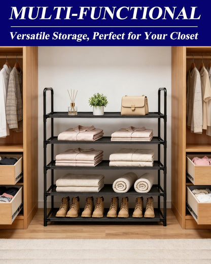 Long Shoe Rack, 3-Tier Stackable Shoe Organizer for Closet, Entryway, Hallway, Extra Bottom Layer, Holds 16-20 Pairs, Sturdy & Durable Waterproof Fabric Shelf, Space-Saving,Black(35.8" Wide)