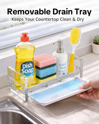 HULISEN Kitchen Sink Sponge Holder, 304 Stainless Steel Kitchen Soap Dispenser Caddy Organizer, Countertop Soap Dish Rack Drainer with Removable Drain Tray, not Including Dispenser and Brush