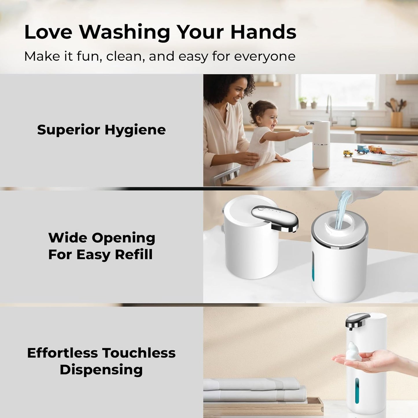 Automatic Touchless Foam Soap Dispenser - USB-C Rechargeable Foaming Soap Pump, IPX5 Waterproof for Bathroom & Kitchen, 12.8oz, Wall Mount or Countertop (Black)