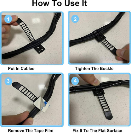 30 pcs Adhesive Cable Ties Adjustable Cable Mount. Self-adhesive Nylon Cord Clip Fastener, Cable Management Wire Organizer Fixture (Black)