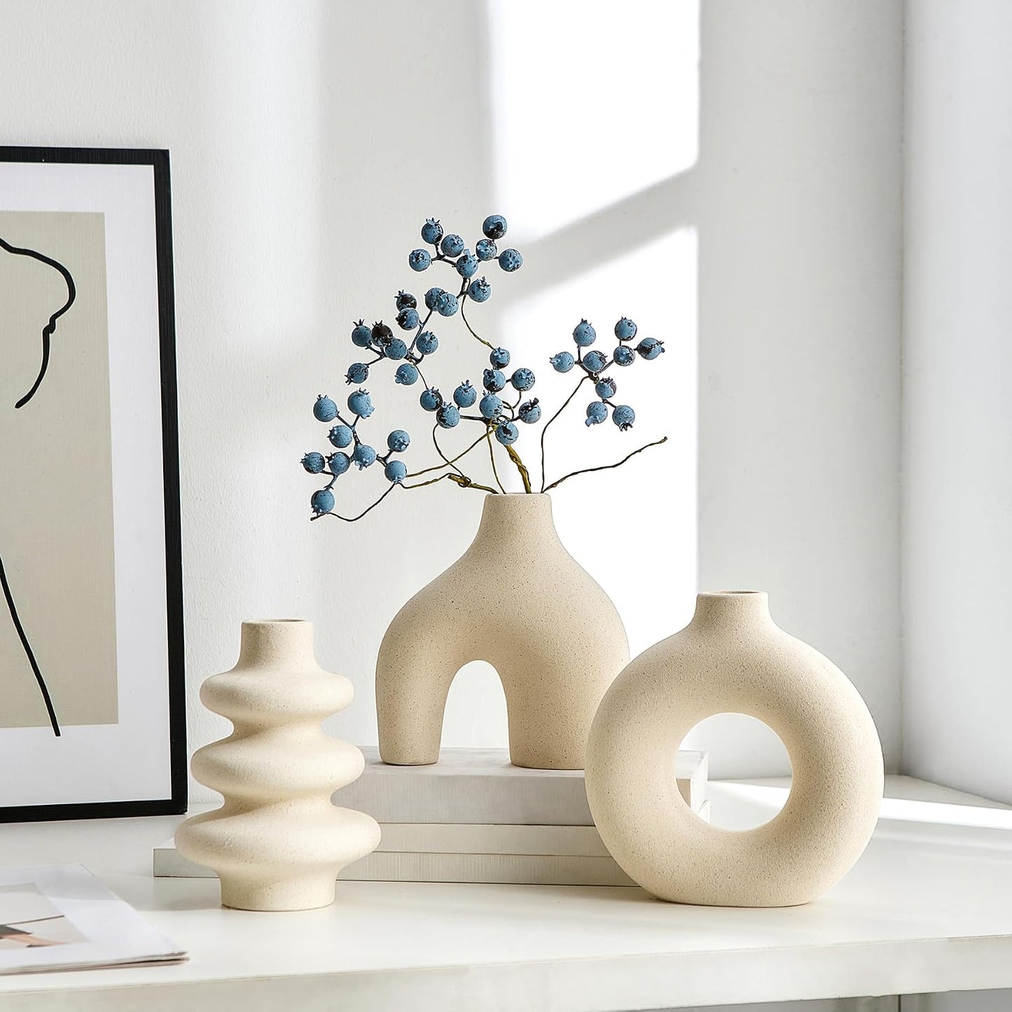 White Ceramic Vase Set of 3, Small Flower Vases for Pampas Grass, Modern Boho Vase for Decor, Round White Vases Centerpieces for Wedding Living Room Bedroom Coffee Table Dinner Table