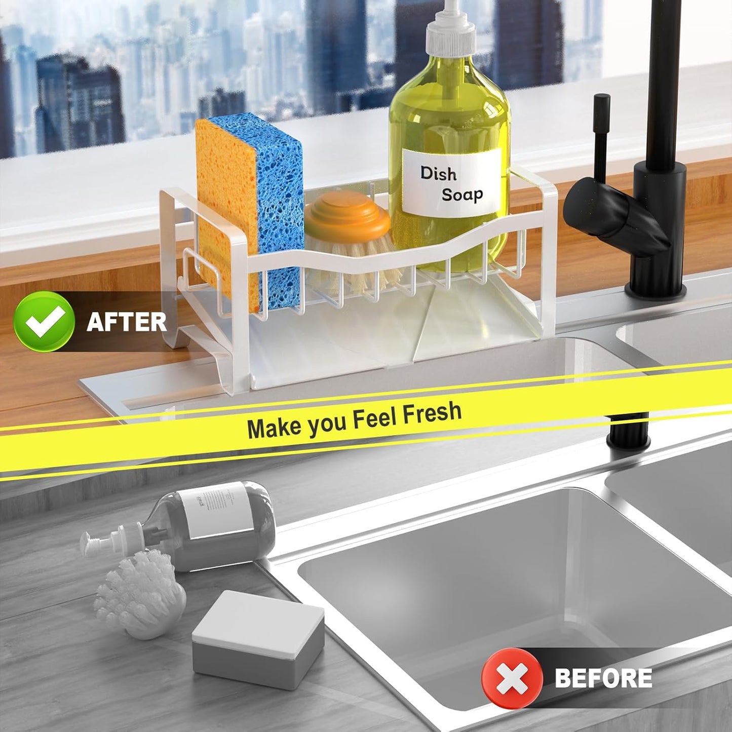 Maifan Stainless Steel Kitchen Sink Caddy Organizer with Auto Drain Tray, Sponge Holder for Countertop Storage