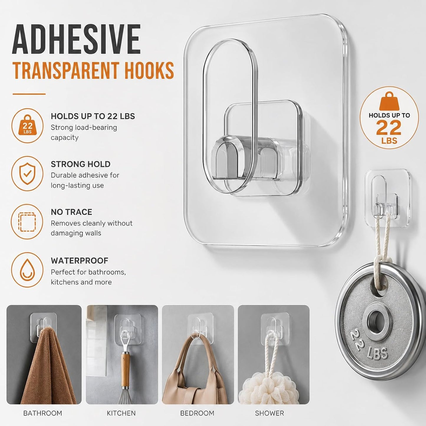 18 Pack Adhesive Wall Hooks for Hanging Heavy Duty 22lb(Max), Upgraded Clear PC No Drill Towel Hooks, Waterproof Sticky Hangers for Home, Bathroom, Kitchen, Shower, Keys, Office & Outdoor
