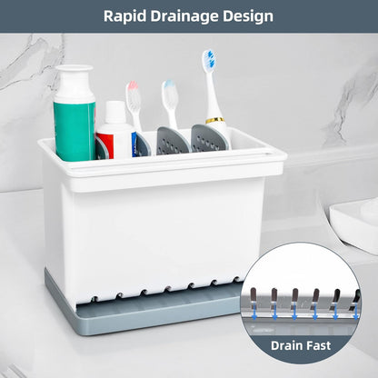 JOMOLA Kitchen Sink Organizer Dish Brush Sponge Holder Caddy Toothbrush Holders for Bathrooms Sinkware Kitchen Utensil Holder Sink Caddy Organizer with 4 Separate Dividers Removable Drain Tray (Grey)