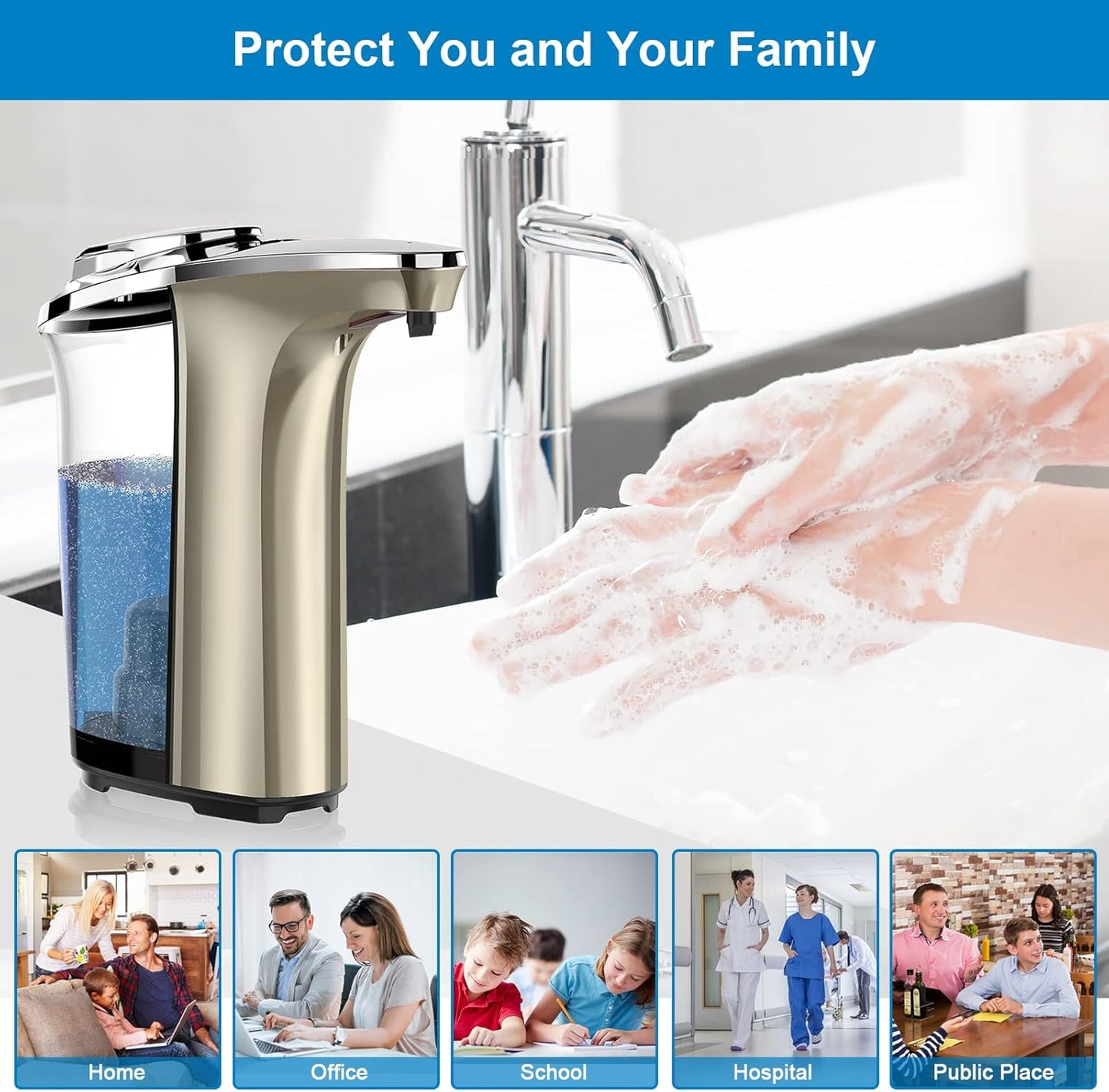 PZOTRUF Automatic Soap Dispenser, Touchless Dish Soap Dispenser 17oz/500ml with Infrared Sensor, 5 Adjustable Soap Dispensing Levels, Liquid Hand Dispenser for Bathroom Kitchen Sink (Silver)