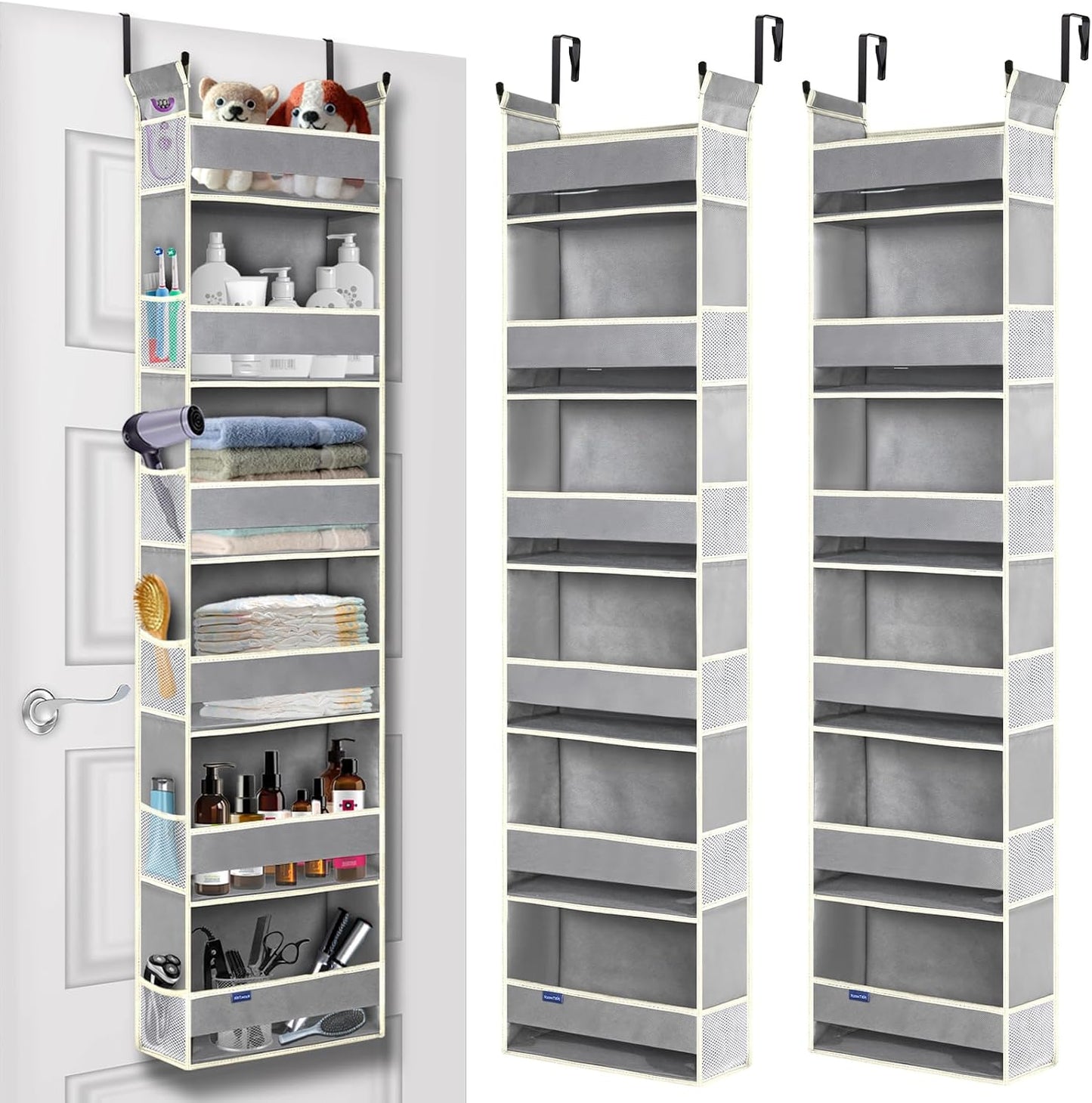 Over The Door Organizer 5-Shelves and 10 Side Pockets, Over The Door Storage for Bathroom Bedroom Nursery, Hanging Door Organizer for Baby Diapers and Kids Toys (13"x5"x44", Grey)