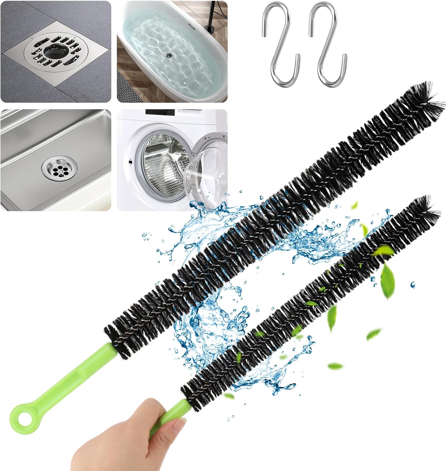 Quixleen 2 Pcs Flexible Drain Clog Remover with 2pcs S-shape Hooks, Bendable Long Pipe Cleaner Sewer Drain Get Rid Hair and Mucus for Toilet, Kitchen Sink, Bathroom Tub