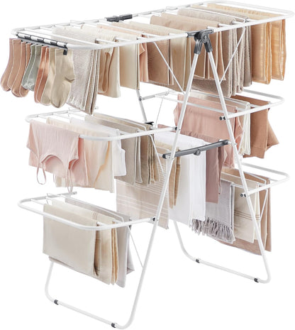 SONGMICS Clothes Drying Rack, Foldable Laundry Drying Rack, Blue | Sock Clips, Metal Clothes Airer with Height-Adjustable Gullwings, Space-Saving, Indoor Outdoor, ULLR505EQ01