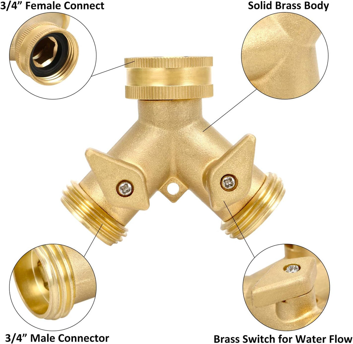 STYDDI Garden Hose Splitter 2 Way Heavy Duty, Solid Brass 2-Way Water Hose Splitter, Outdoor Faucet Spigot Splitter Two Way Connector, Y Valve Garden Tap Hose Adapter with 3 Hose Washers