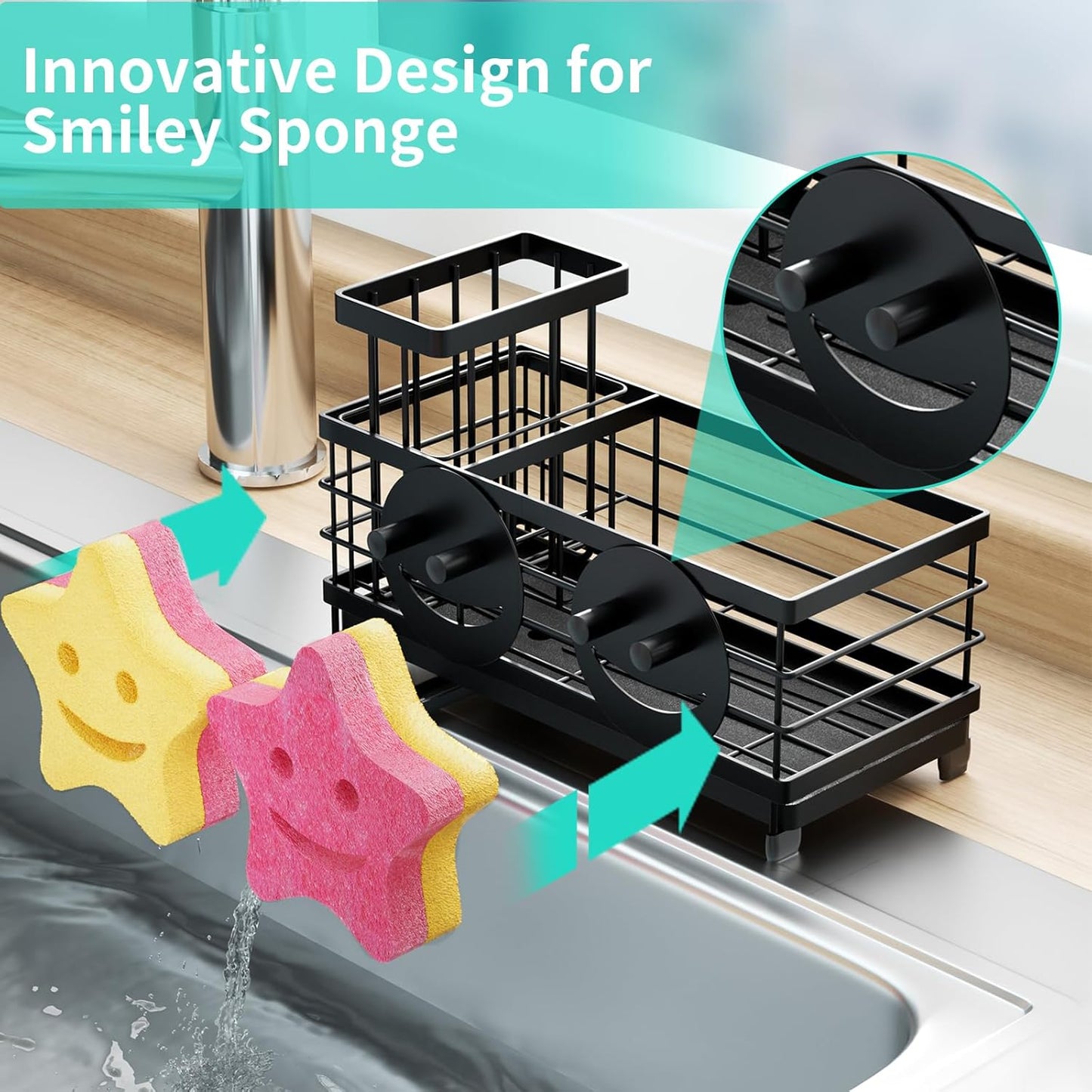 HapiRm Sponge Holder for Kitchen Sink - Self-draining Sink Caddy with Brush and Dishcloth Holders, Stainless Steel Kitchen Countertop Organizers and Storage Essentials - Black
