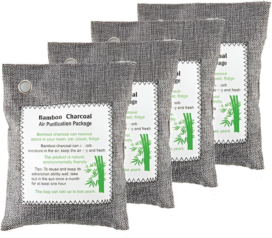 Bamboo Charcoal Air Purifying Bags (4-Pack, 200g Each) – Natural Odor Eliminator & Moisture Absorber for Home, Car, Closets, Bathrooms – Eco-Friendly, Reusable Deodorizer