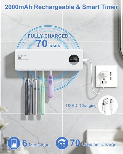 UV Toothbrush Sanitizer with Holder, Electric Toothbrush Holder Wall Mounted with Cover for 4 Slots, 2000mAh Rechargeable with Timer, Cordless Bathroom Organizer - White