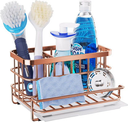 HapiRm Kitchen Sink Organizer, SUS304 Stainless Steel Rustproof Multifunctional Large Sink Caddy with Sponge Holder and Drain Tray for Kitchen Countertop (Silver)