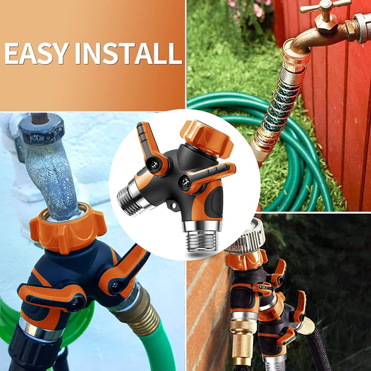 2 Way Garden Hose Y Splitter, 3/4 Inch Heavy Duty Metal Faucet Splitter | 2 Pack 3/4" Garden Hose Splitter Heavy Duty Water Faucet Splitter with Comfortable Rubberized Grip + 6 Extra Rubber Washers
