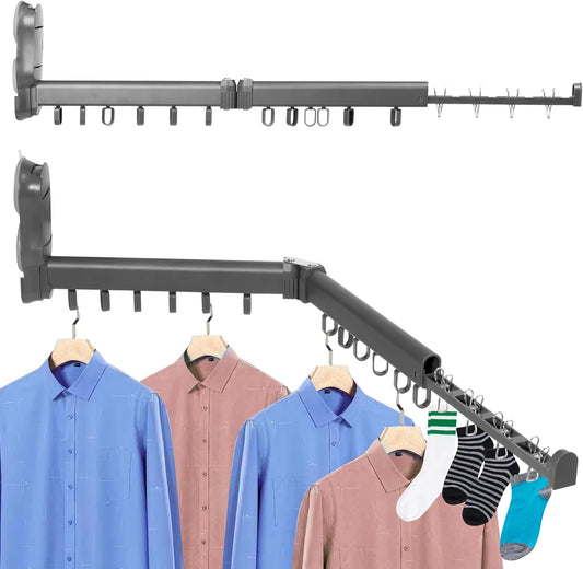 Wall Mounted Drying Rack - Laundry Room Clothes Foldable Hanging Dry Rack, Suction Cup Wall Mount Folding Clothes Hanger Collapsible with 12 Hooks and 4 Clips, Retractable Clothing Holder