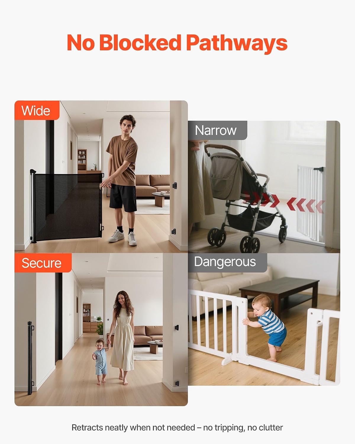 VEVOR Retractable Baby Gate, Extends to 202.7 inch Extra Wide, 39 inch Tall, with Reinforced Fiberglass Strips, Avoids Crawling Through, Mesh Dog Gate for Decks, Doorways, Garages, Indoor, Black
