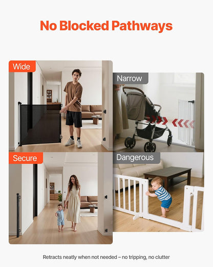 VEVOR Retractable Baby Gate, Extends to 202.7 inch Extra Wide, 39 inch Tall, with Reinforced Fiberglass Strips, Avoids Crawling Through, Mesh Dog Gate for Decks, Doorways, Garages, Indoor, Black