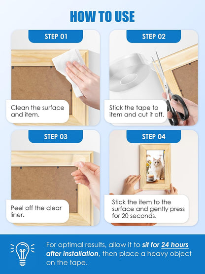 Double Sided Tape Heavy Duty, Transparent Magic Nano Tape, Multipurpose Removable Adhesive Grip Mounting Tape Washable for Carpet, Wall Decor, Hanging Picture, DIY Projects
