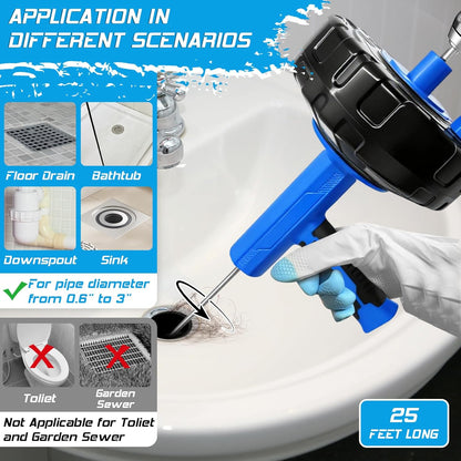 25FT Drain Snake, Auto Feed Retract Flexible Drain Auger for Drain Clogged, Manual or Drill Powered Plumbing Snake Hair Clog Remover for BathTub Sink Shower (Blue)