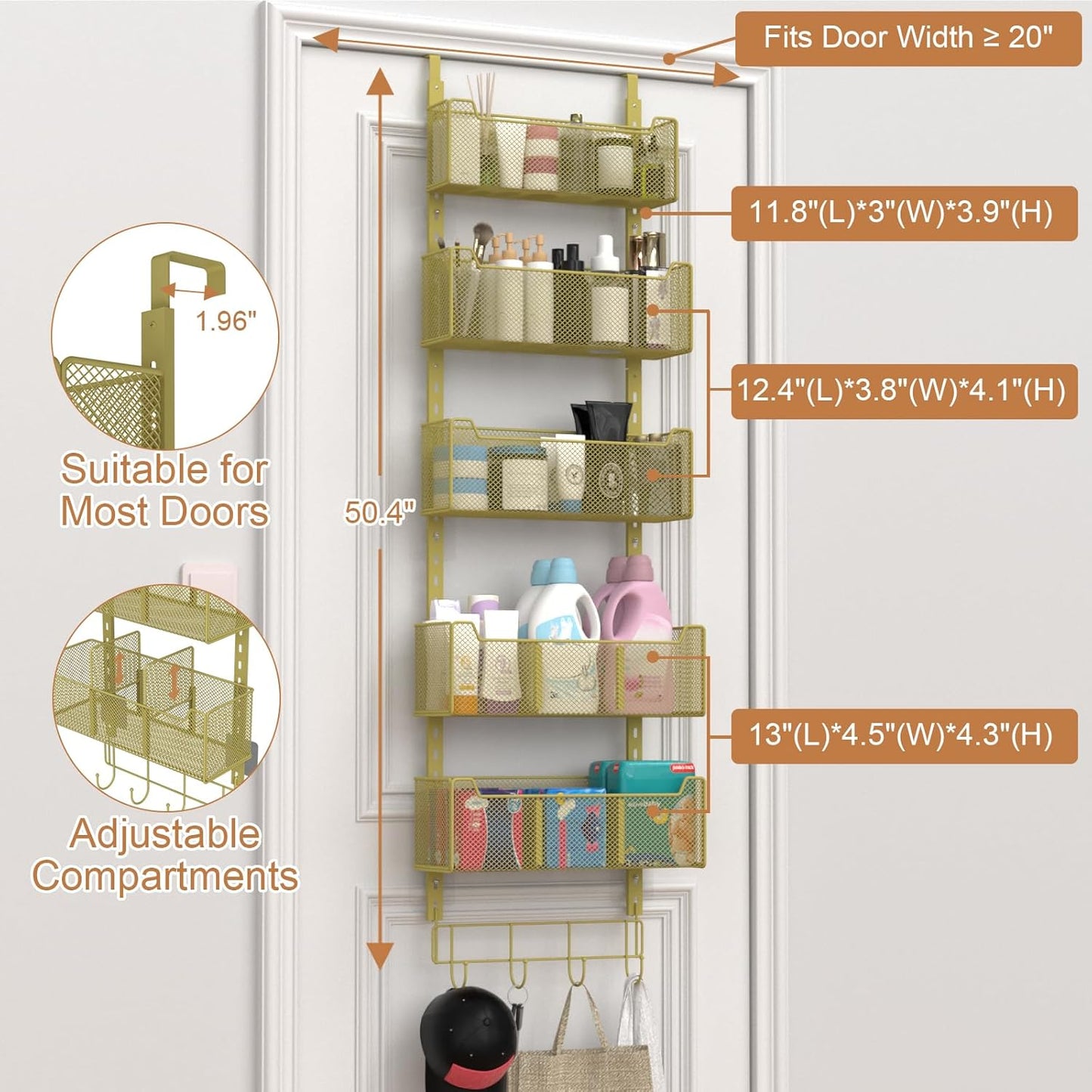VyGrow Over The Door Organizer, Metal Door Organizer Hanging with 5 Adjustable Baskets and Coat Hook, Behind The Door Storage for Bedroom Closet Bathroom Pantry Cabinet Kitchen, Black