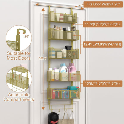 VyGrow Over The Door Organizer, Metal Door Organizer Hanging with 5 Adjustable Baskets and Coat Hook, Behind The Door Storage for Bedroom Closet Bathroom Pantry Cabinet Kitchen, Black