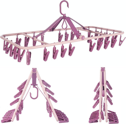 Foshine Foldable Clip Hangers Plastic Blue with 32Pcs Drying Clips | Drip Hanger Foldable Wind-Proof Hook For Underwear Socks Bras Lingerie Clothes