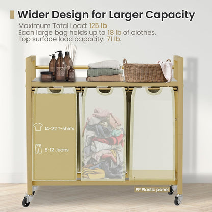 SwaaVee Laundry Sorter, Laundry Hamper 3 Section, 3×11.4Gal, Metal Frame Rolling Laundry Basket with Wooden Top Shelf, Pull out and Removable Laundry Bags, 3 Bags-Gray