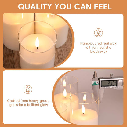 Eywamage Gold Glass Flameless Pillar Candles with Remote, Flickering Christmas LED Candles Battery Operated Set of 3