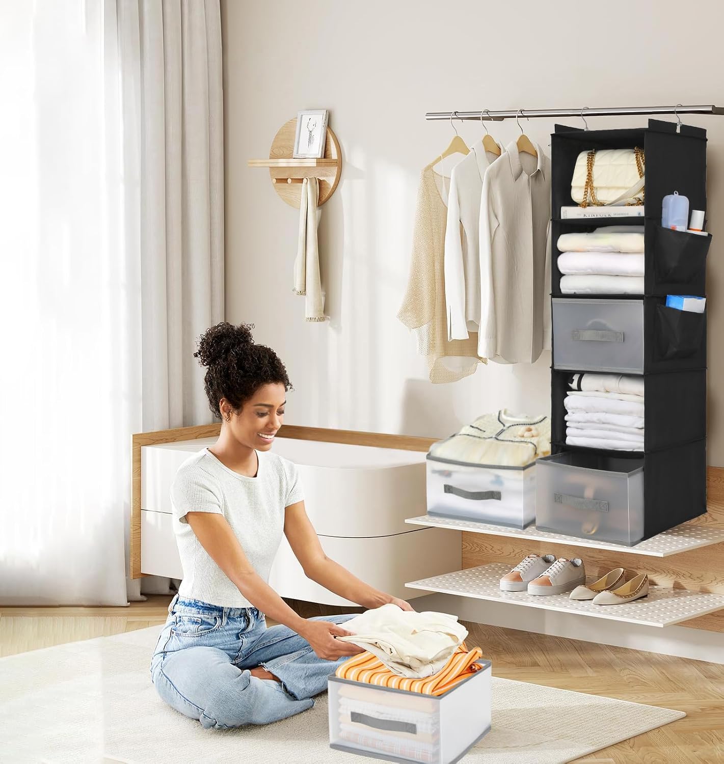 6-Shelf Hanging Closet Organizer with 3 Drawers & Side Pockets, Gray | Non-woven fabric, tool-free setup, ideal for bedrooms/dorms/RVs, 3 foldable transparent drawers for easy access