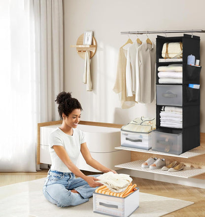 6-Shelf Hanging Closet Organizer with 3 Drawers & Side Pockets, Gray | Non-woven fabric, tool-free setup, ideal for bedrooms/dorms/RVs, 3 foldable transparent drawers for easy access