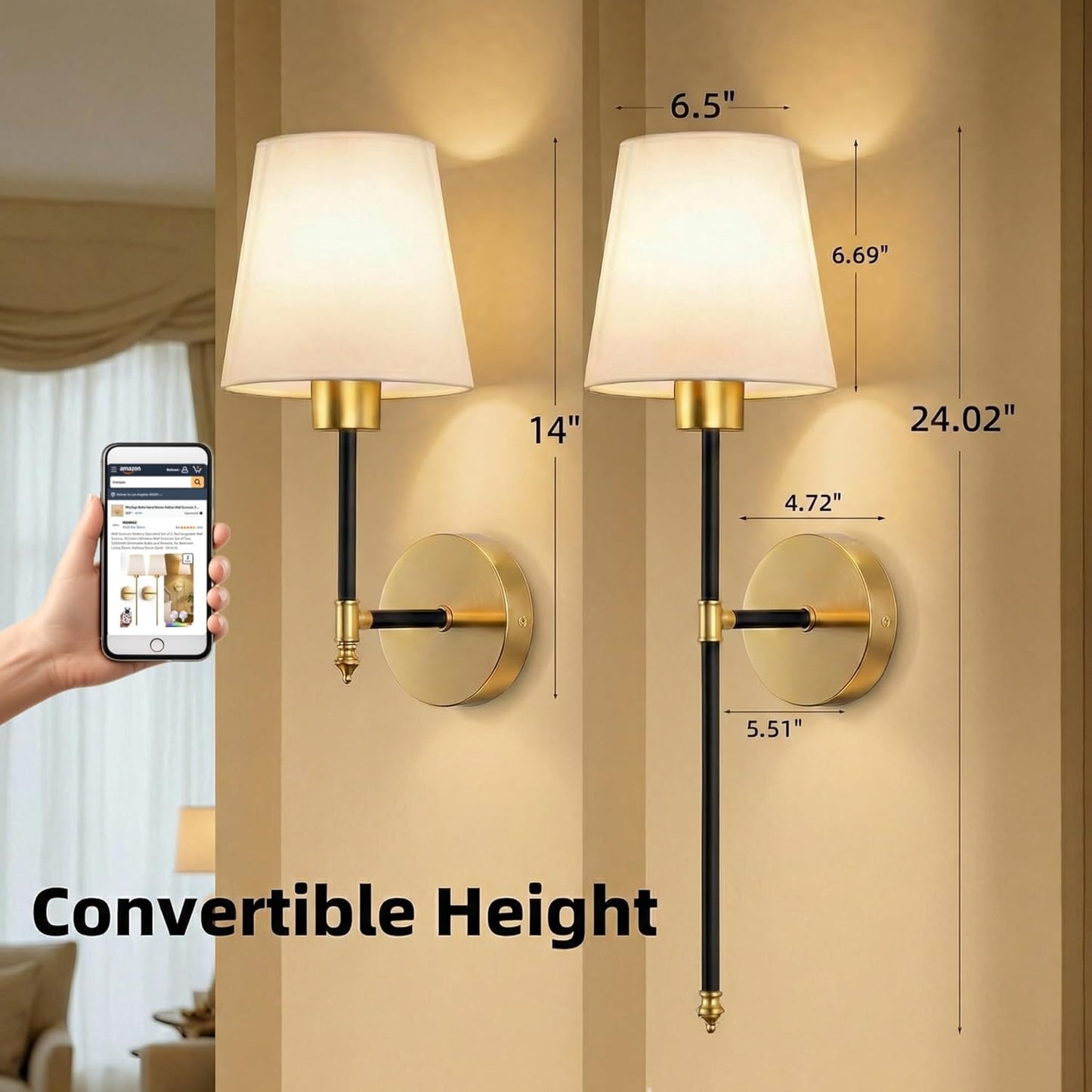 IRONPAX Wall Sconces Battery Operated Set of 2, Wireless Rechargeable Wall Sconce Set of Two, Dimmable Wall Lights with Remote for Bedroom Living Room Hallway Decor (Gold, Fabric Shade)