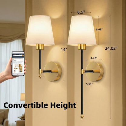 IRONPAX Wall Sconces Battery Operated Set of 2, Wireless Rechargeable Wall Sconce Set of Two, Dimmable Wall Lights with Remote for Bedroom Living Room Hallway Decor (Gold, Fabric Shade)