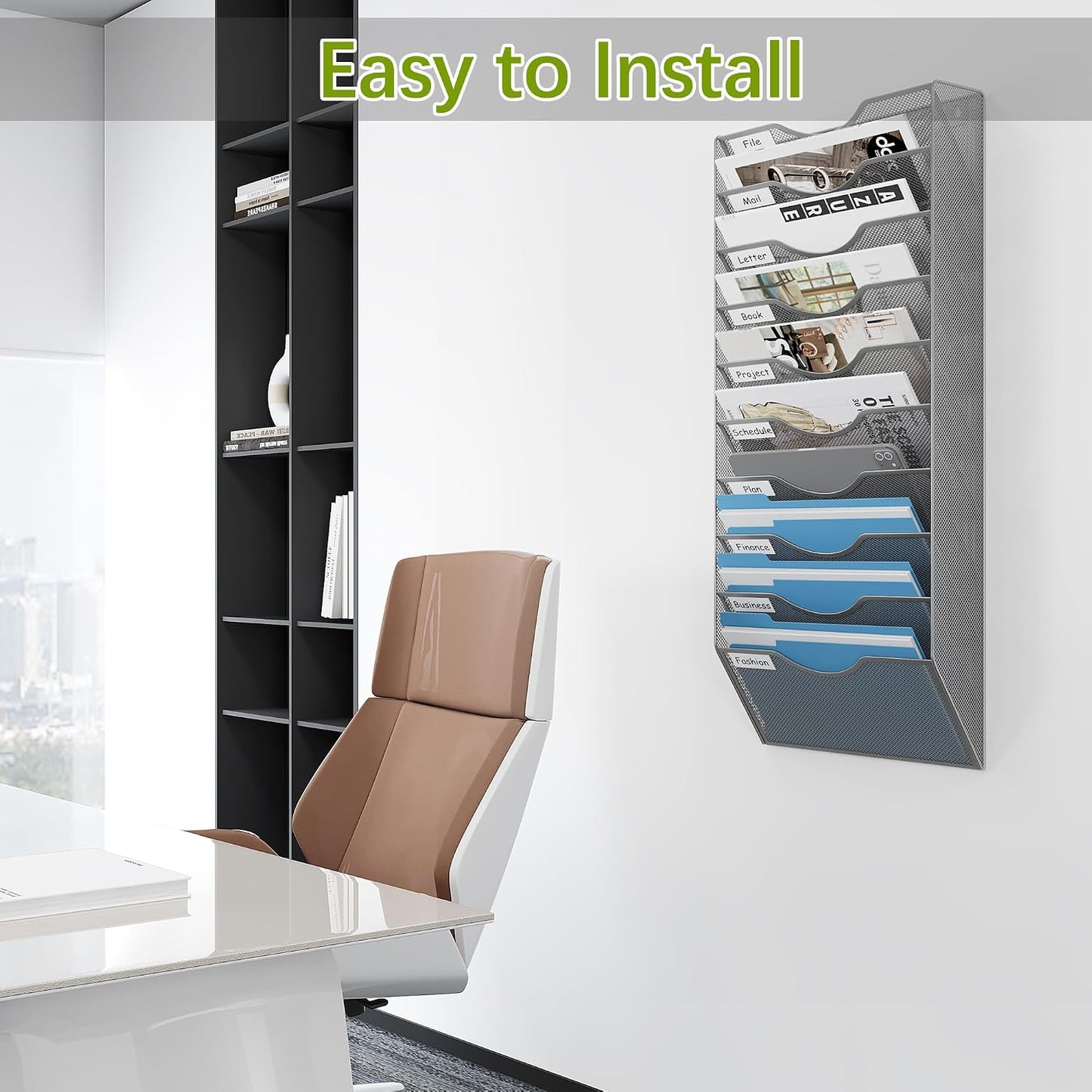 EasyPAG 5 Pocket Mesh Wall File Organizer with Key Hooks, Hanging Paper Folder Holder with Classify Label, Vertical Wall Mount Mail Organizer for Office Home Classroom, Black