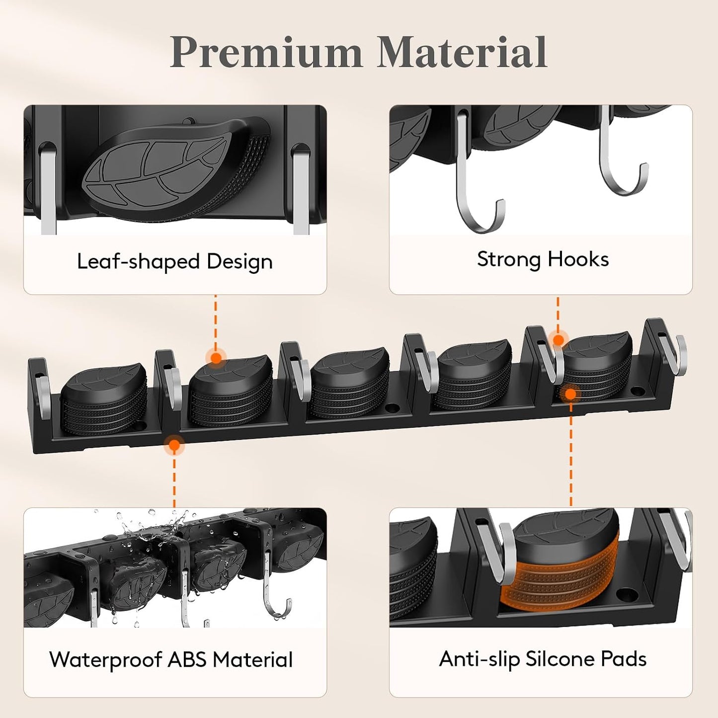Lifewit Broom and Mop Holder Wall Mount, Non-Slip Cleaning Tool Hanger Organizer with 6 Hooks 5 Slots, Heavy Duty Hanging Broom Utility Rack for Kitchen, Garden, Garage, Laundry, 1 Pack, Black