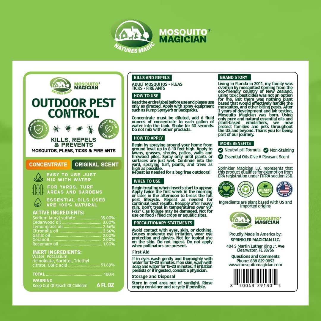 Mosquito Magician Liquid Concentrate – Kills Mosquitoes, Fleas & Fire Ants, Repels and Prevents Ticks – Essential Oil Yard Treatment Spray – Use with Sprayers, Foggers & Misting Systems – 32 oz, Mint