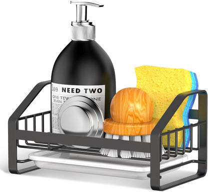 BSKSSK Sink Caddy,Sponge Holder for Kitchen Sink, Kitchen Bathroom Sink Organizer,304 Stainless Steel Kitchen Countertop Organizer Soap Tray with Removable Drain Tray Length Version - Silver