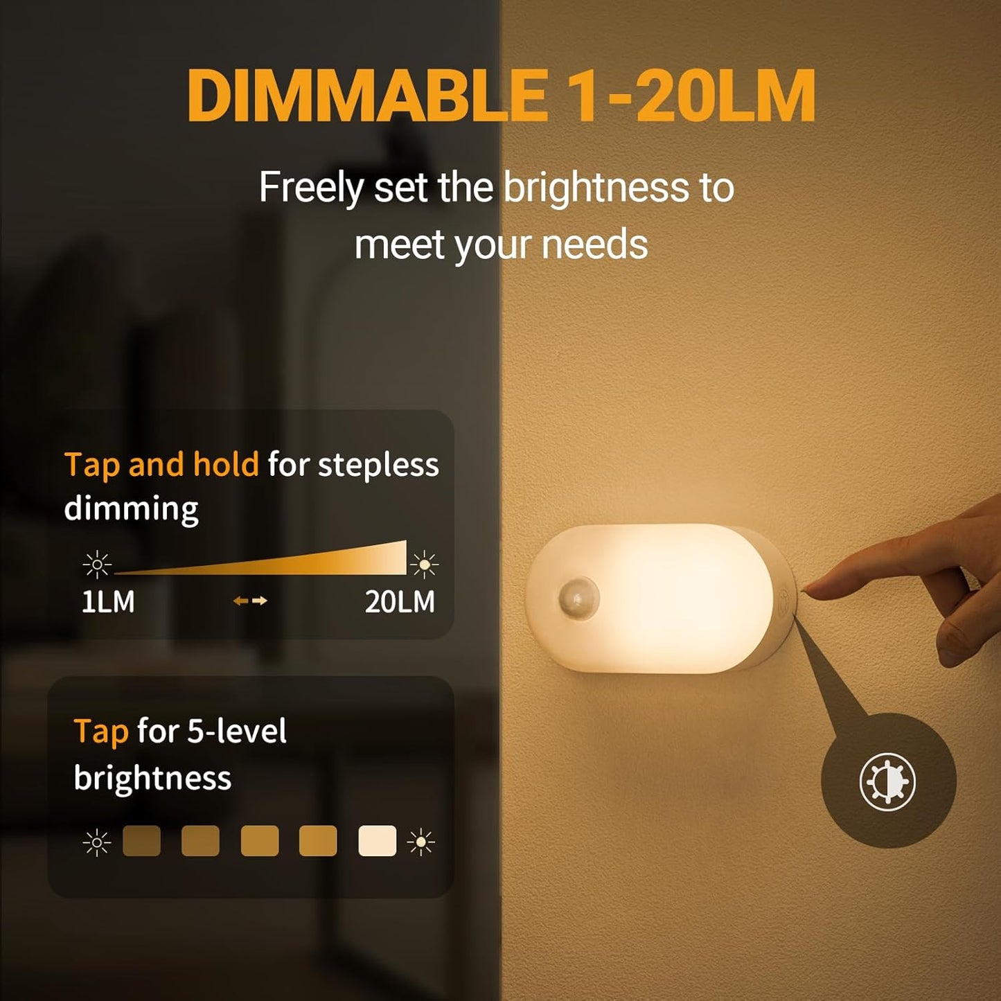 Lyridz Rechargeable Battery Night Light with Motion Sensor, Stick on Anywhere, 1-20LM Dimmable LED Nightlights for the Bedroom, Bathroom, Living Room, Kitchen, Stairs, Hallway, 4-Pack
