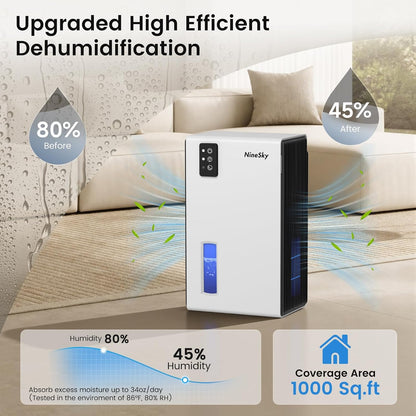 NineSky Dehumidifiers for Home, 1000 Sq.Ft Dehumidifier with 95oz Water Tank, Quiet Dehumidifier for Basement Bathroom Bedroom with 7-Color Ambient Light & Auto Shut Off, Sliver