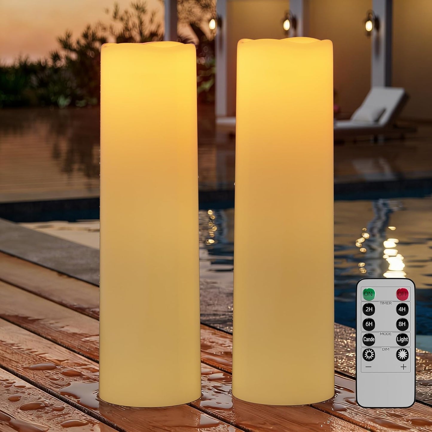 14"×4" Large Outdoor Flameless Candles with Remote Waterproof Battery Operated Candles with Timer LED Pillar Candles Flicking for Home Decoration Porch Wedding Fireplace Lantern, Ivory-Yellow 2Pcs