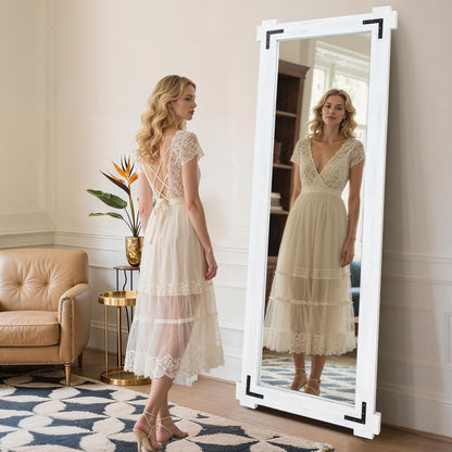 65x24 Inch Full Length Mirror, Pine Frame Full Body Standing Mirror with Metal Decorative, Black