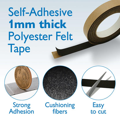 FindTape Polyester 1mm Felt Tape – 1 in. x 15 ft. Felt Strips with Adhesive Backing and Furniture Strips, Great for Arts and Crafts, Classrooms, and Protecting Furniture (Black)