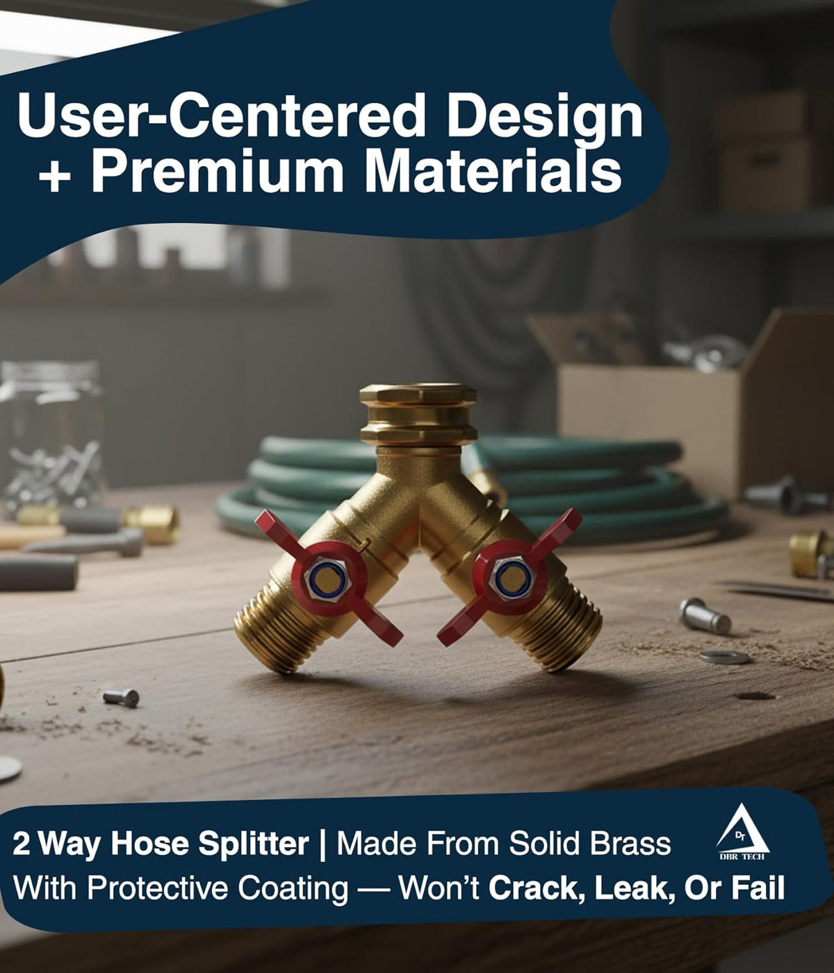 DBR Tech® Garden Hose Splitter 2 Way | Full Flow & Heavy Duty Leak-Proof Brass Water Divider with Dual Shut-Off Valves, Y (Wye) Connector for Outdoor Faucets, Spigots, Lawn & RV | Industrial-Grade