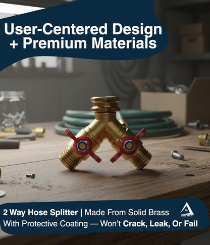 DBR Tech® Garden Hose Splitter 2 Way | Full Flow & Heavy Duty Leak-Proof Brass Water Divider with Dual Shut-Off Valves, Y (Wye) Connector for Outdoor Faucets, Spigots, Lawn & RV | Industrial-Grade