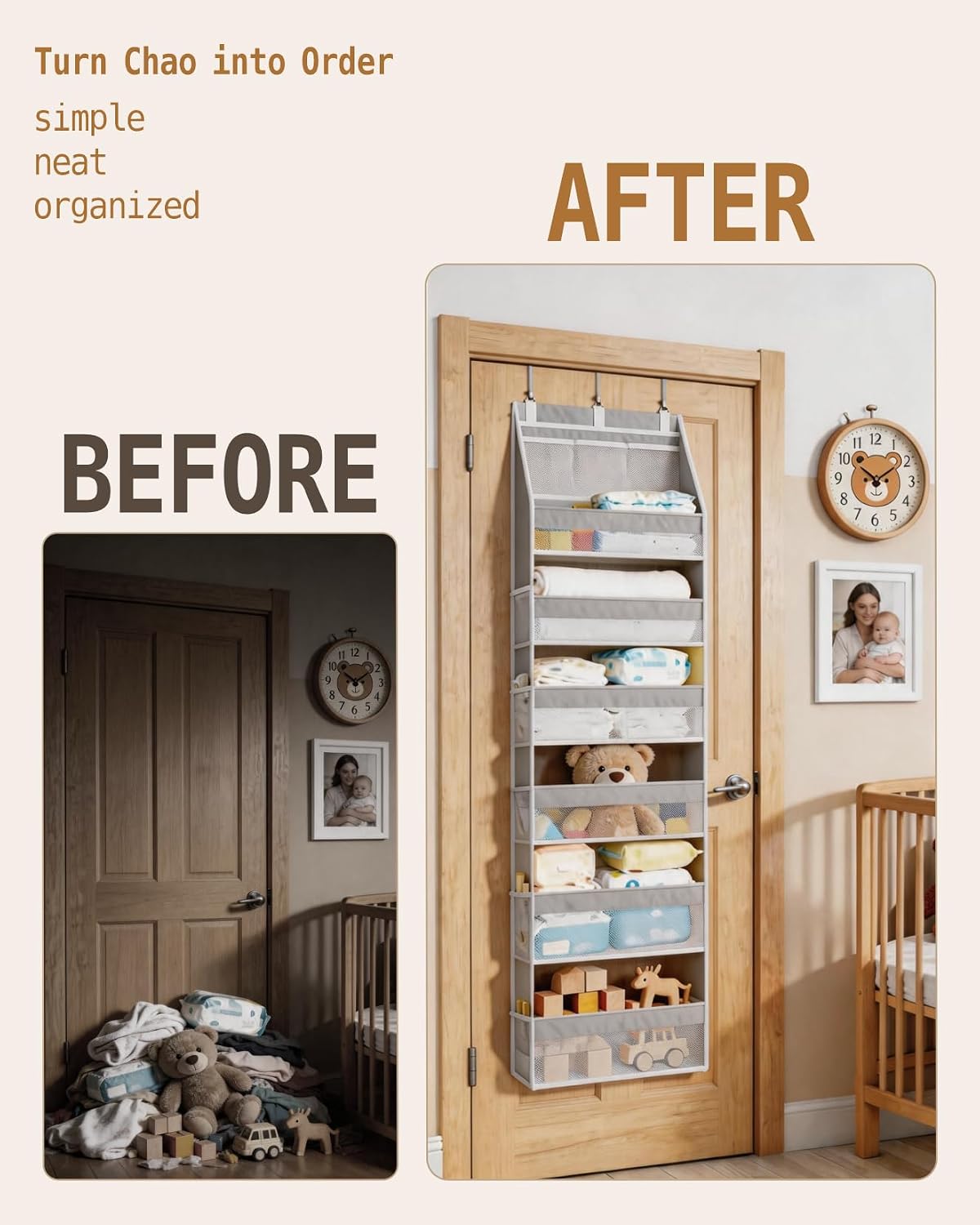 KMSCO Over The Door Organizer, 6 Large Pockets + 13 Mesh Side Pockets, Hanging Storage, 55lbs Capacity, Heavy Duty Non-Woven Fabric for Baby Nursery, Bathroom, Pantry, Closet, Beige, 1 Pack