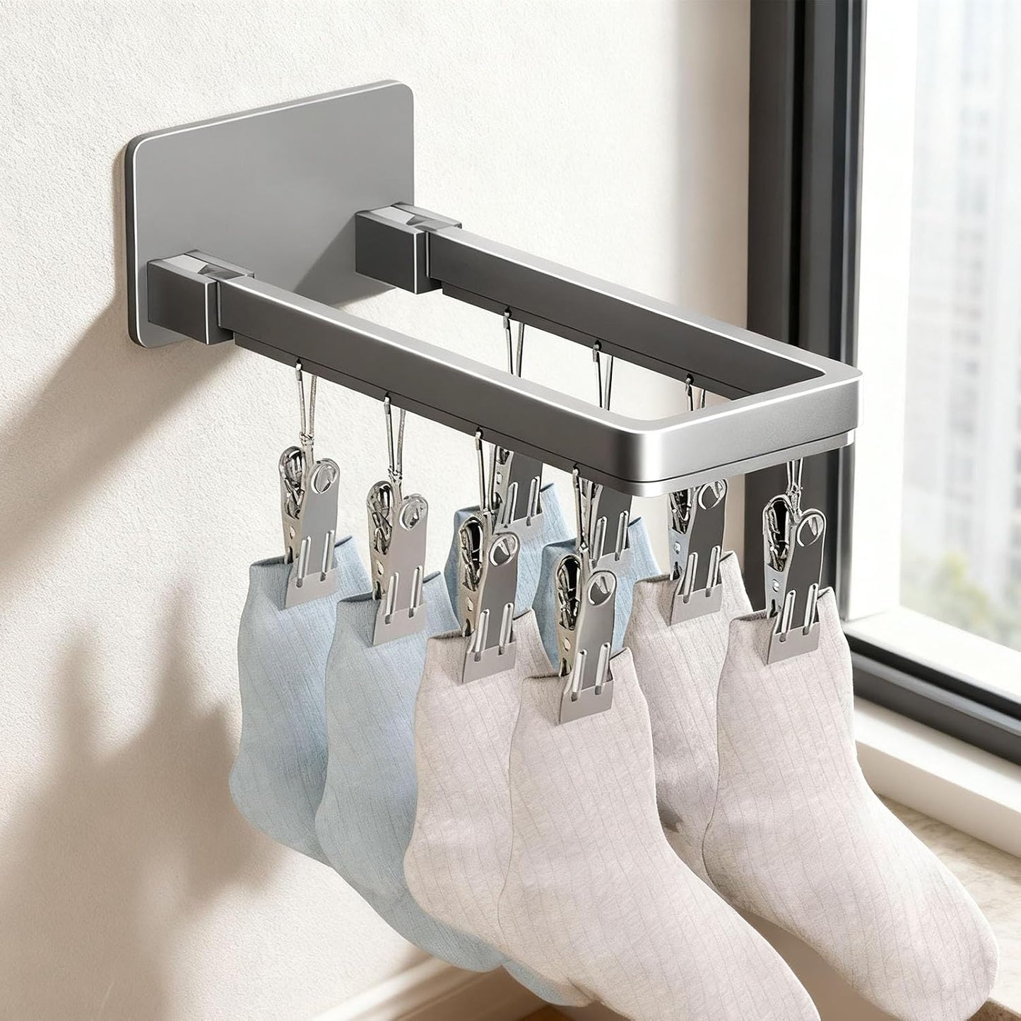 Pssopp Wall Mounted Drying Rack, Zinc Alloy Foldable Wall Clothes Rack, Space Saving Laundry Hanger 8 X 6.2 Cm for Socks Bras Underwear Towels in Laundry Room Bathroom (8 Clips (23.3cm/9.2in))