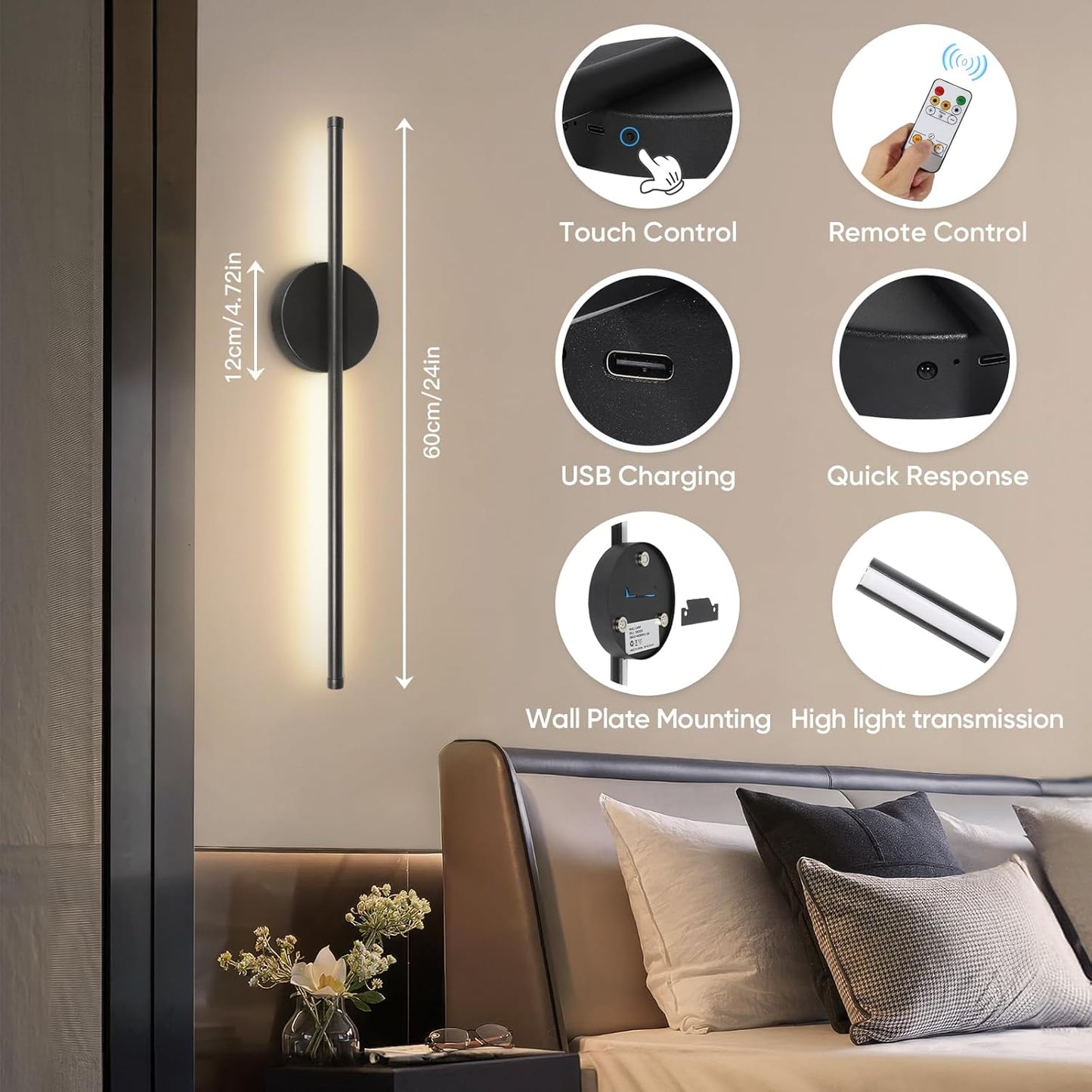 TaoFiaCo Battery Operated Wall Sconces Set of Two,Rechargeable Wall Sconces Set of 2 with Remote Control Dimmable Wall Light Decor for Living Room, Bathroom for, 24 Inch, Gold